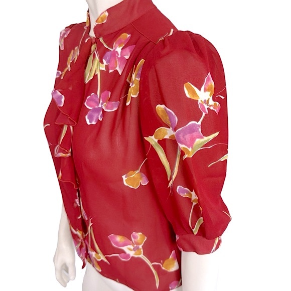 VINTAGE Sheer Brick Red Floral Ruffle Neck Short Sleeve Button Up Blouse - Picture 4 of 6